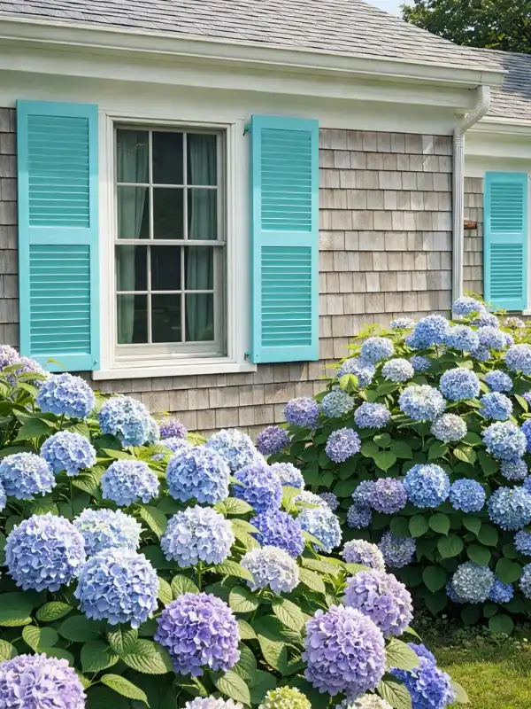 Beautiful blue hydrangeas and landscaping kept perfectly intact next to freshly painted turquoise window shutters