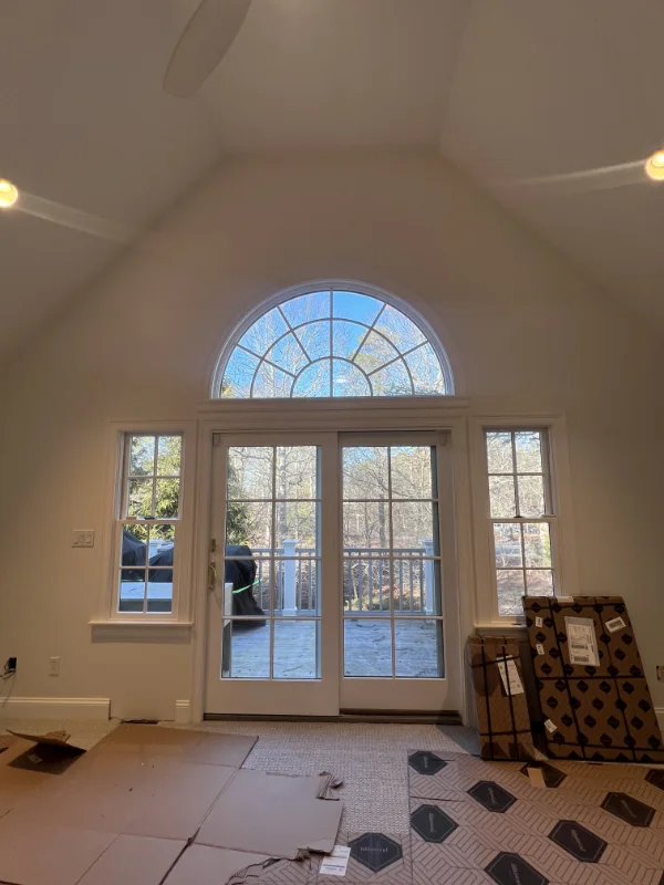 Interior living space covered with protective materials prior to painting