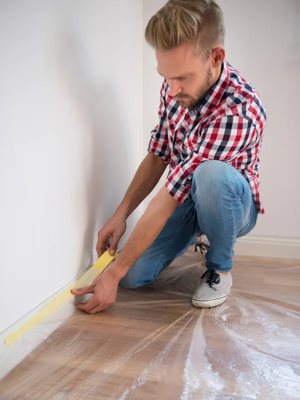 Painter isolating furniture and floors with masking materials in living room